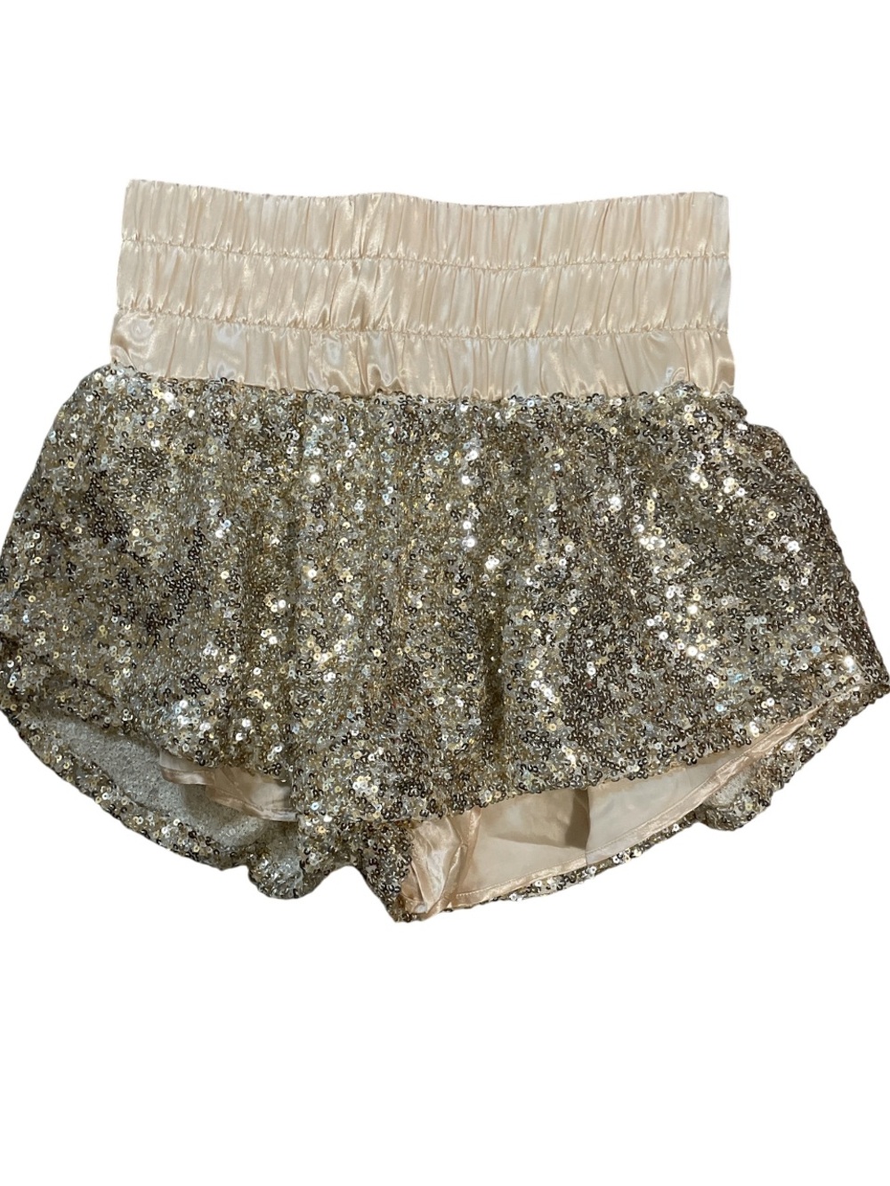 Peach Love Sequin High-Waist Ruffle Shorts in Champagne Gold